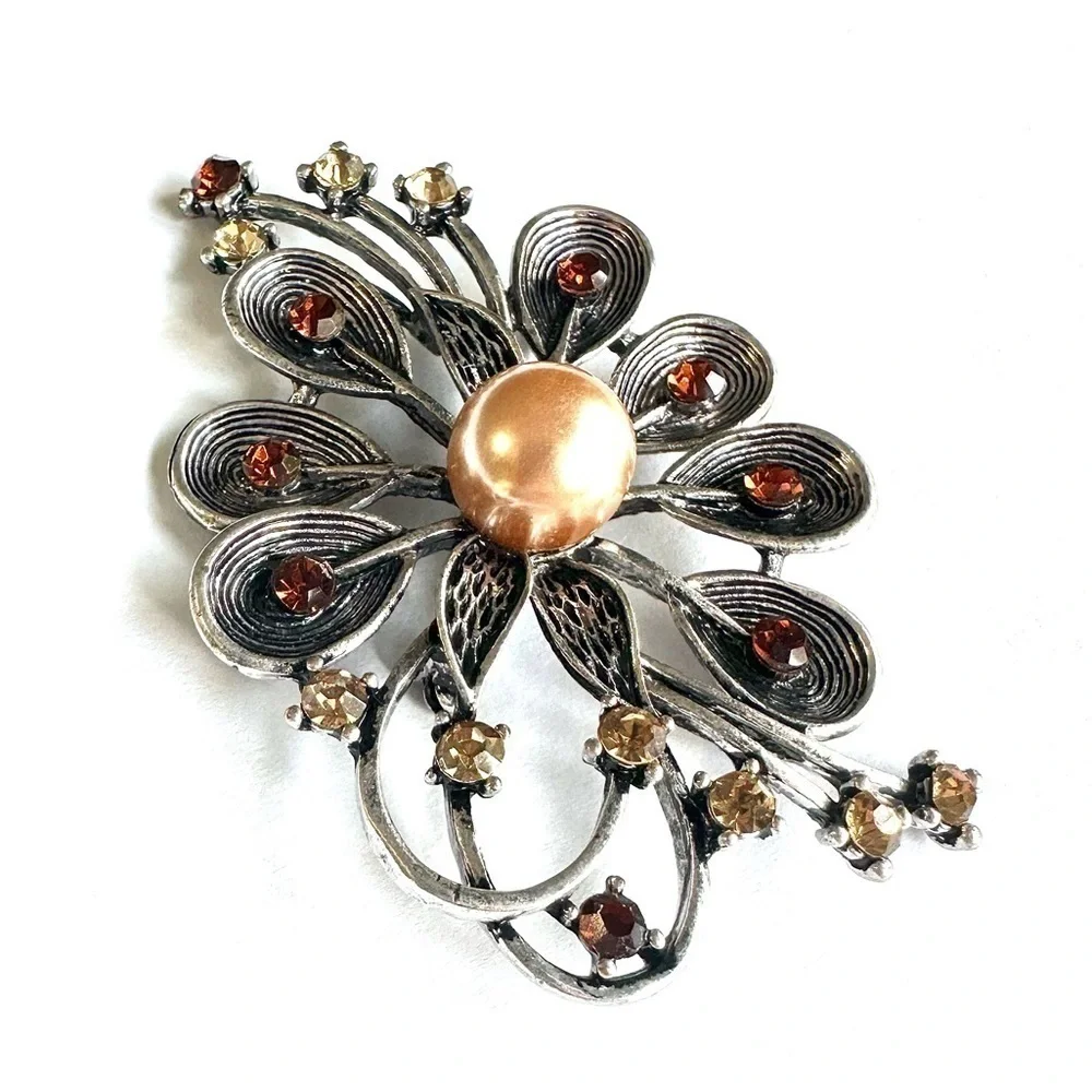 Vintage Floral Brooch Pin Pendant Champagne Amber Rhinestone Rose Gold Center